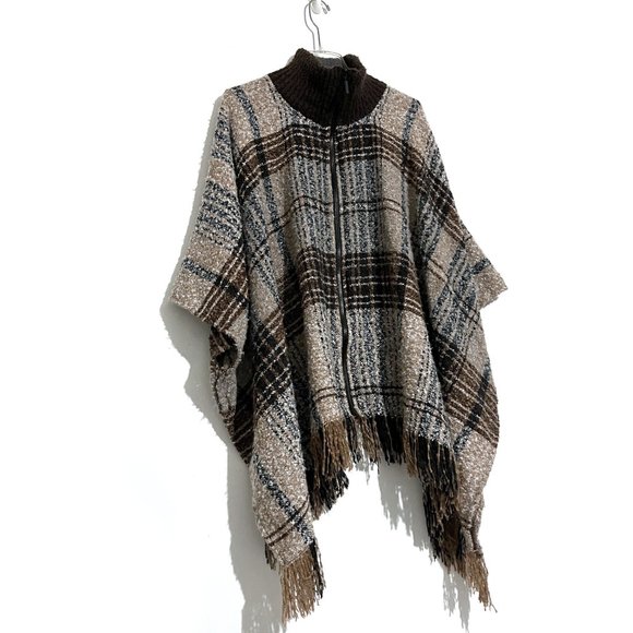 Marc New York Zip Up Turtleneck Plaid Tassel Hem Sweater Poncho One Size Fit All - Picture 6 of 16